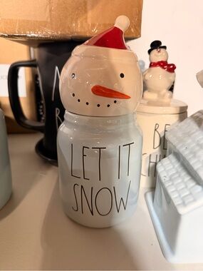 Rae Dunn Light Blue Snowman Canister with Red Hat
